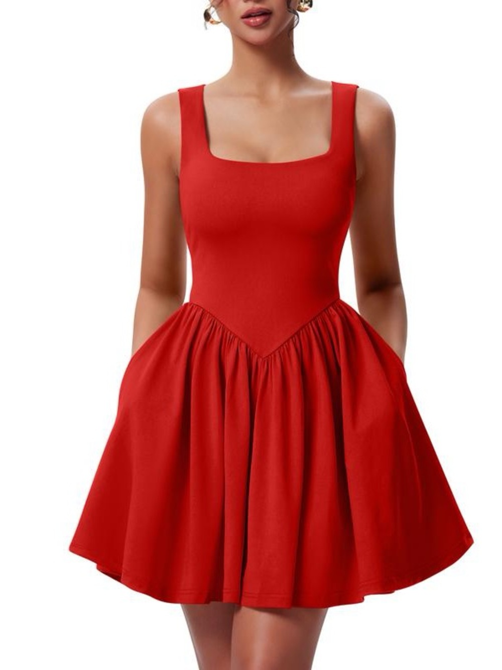 Sleeveless Red Fit-and-Flare Dress with Square Neck and pockets